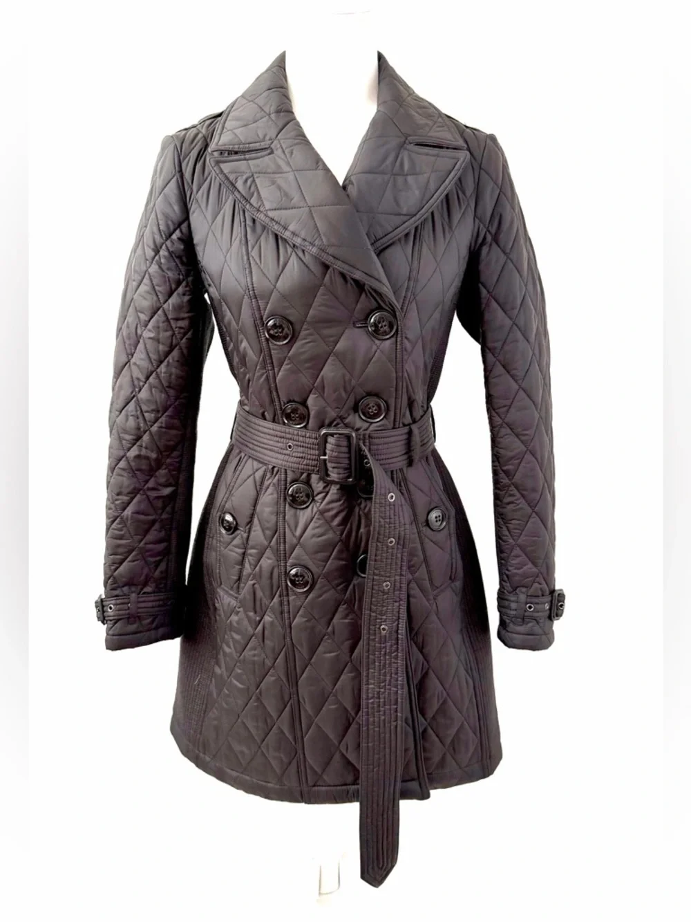 BURBERRY | Black Quilted Double Breasted Trench Coat Belted Jacket Check Small - Picture 2 of 12